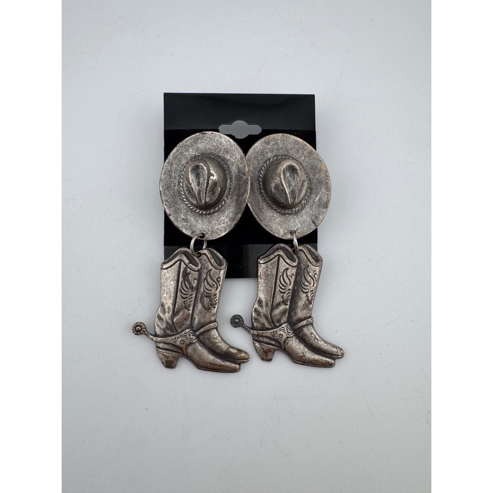 Cowboy Boot Hat Western‎ Silver Tone Earrings Dangle Westernwear Jewelry